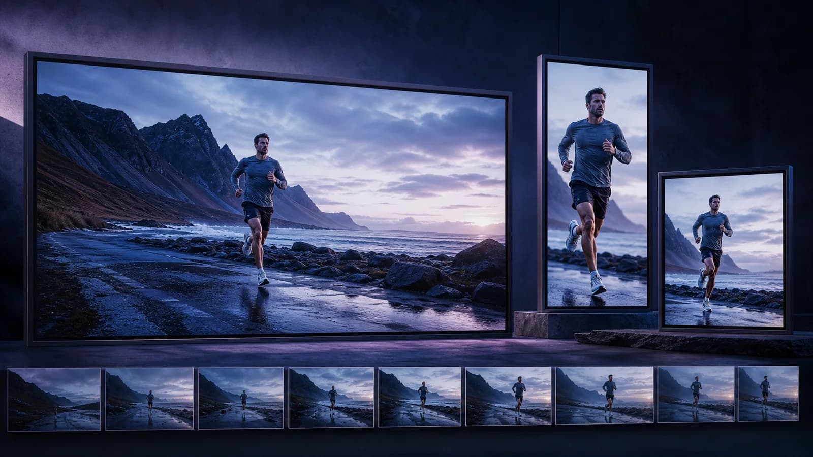 One action scene composed across widescreen, vertical, and square video formats