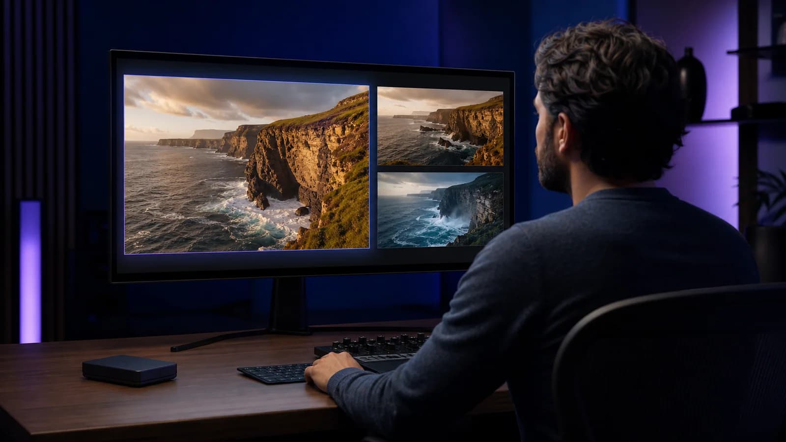 A creator reviewing synchronized video and audio results at a professional workstation