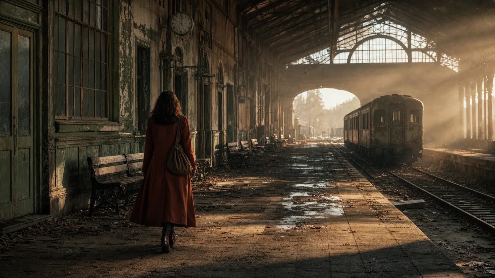 A cinematic character entering an abandoned train station for a storyboard sequence