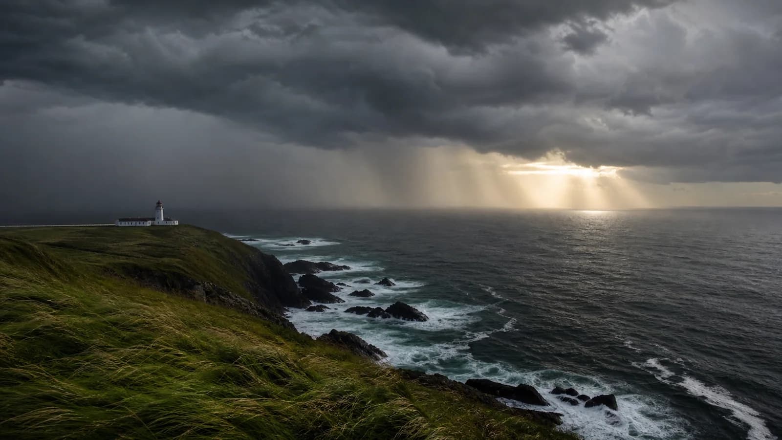 A storm-lit coastal valley captured as a cinematic establishing shot