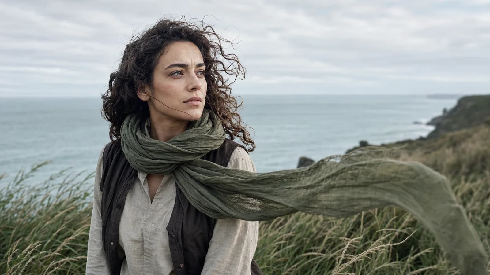 A character portrait with wind-swept hair, moving fabric, and atmospheric lighting