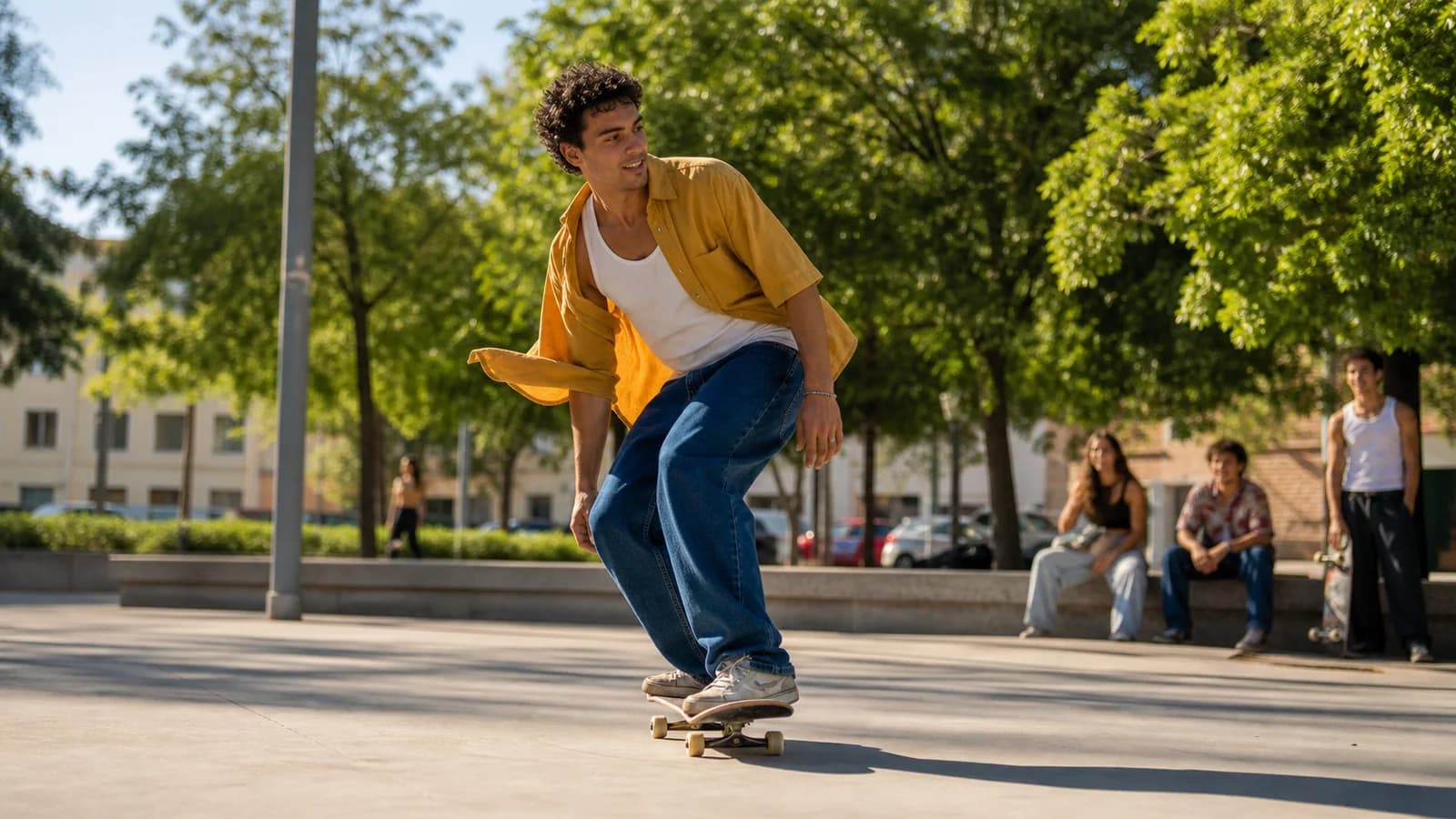 A dynamic skateboarder framed as a colorful short-form social video concept