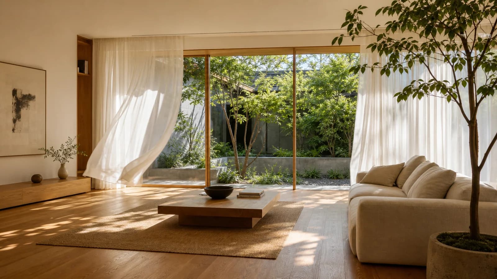 A modern interior animated by changing daylight, soft curtains, and natural atmosphere